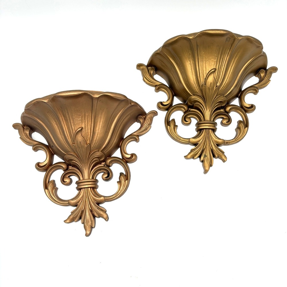 Gold Ornate Wall Sconce Pair Fleur De Lis Regency Scroll Wall Pocket 4446 Set